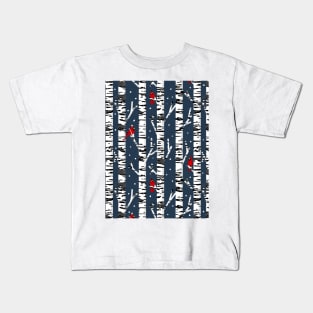 Cardinal birds on birch trees on navy Kids T-Shirt